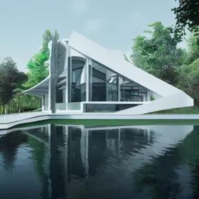Beautiful futuristic architectural glass house in the forest on a large lake, 8k, Award-Winning, Highly Detailed, Beautiful, Epic, Octane Render, Unreal Engine, Radiant, Volumetric Lighting by Victor Enrich