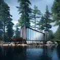Beautiful futuristic architectural glass house in the forest on a large lake, 8k, Award-Winning, Highly Detailed, Beautiful, Epic, Octane Render, Unreal Engine, Radiant, Volumetric Lighting by Victor Enrich