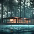 Beautiful futuristic architectural glass house in the forest on a large lake, 8k, Award-Winning, Highly Detailed, Beautiful, Epic, Octane Render, Unreal Engine, Radiant, Volumetric Lighting by Hugh Ferriss