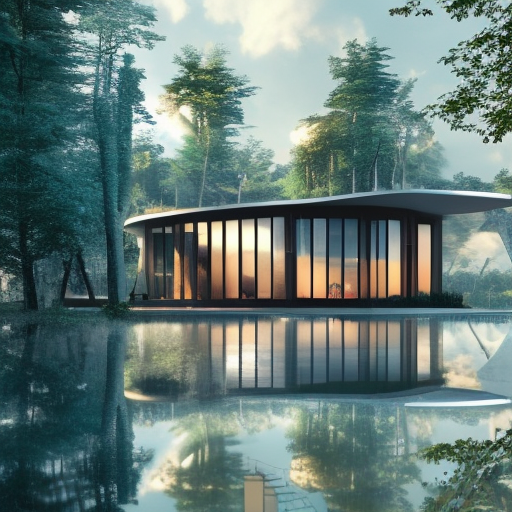 Beautiful futuristic architectural glass house in the forest on a large lake, 8k, Award-Winning, Highly Detailed, Beautiful, Epic, Octane Render, Unreal Engine, Radiant, Volumetric Lighting by Ben Aronson