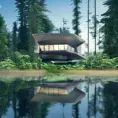 Beautiful futuristic architectural glass house in the forest on a large lake, 8k, Award-Winning, Highly Detailed, Beautiful, Epic, Octane Render, Unreal Engine, Radiant, Volumetric Lighting by Ben Aronson