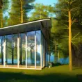 Beautiful futuristic architectural glass house in the forest on a large lake, 8k, Award-Winning, Highly Detailed, Beautiful, Epic, Octane Render, Unreal Engine, Radiant, Volumetric Lighting by Edward Bawden