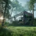 Beautiful futuristic architectural glass house in the forest on a large lake, 8k, Award-Winning, Highly Detailed, Beautiful, Epic, Octane Render, Unreal Engine, Radiant, Volumetric Lighting by George Birrell
