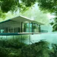Beautiful futuristic architectural glass house in the forest on a large lake, 8k, Award-Winning, Highly Detailed, Beautiful, Epic, Octane Render, Unreal Engine, Radiant, Volumetric Lighting by George Birrell