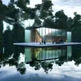 Beautiful futuristic architectural glass house in the forest on a large lake, 8k, Award-Winning, Highly Detailed, Beautiful, Epic, Octane Render, Unreal Engine, Radiant, Volumetric Lighting by Tom Fruin