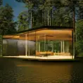 Beautiful futuristic architectural glass house in the forest on a large lake, 8k, Award-Winning, Highly Detailed, Beautiful, Epic, Octane Render, Unreal Engine, Radiant, Volumetric Lighting by Harry Clarke