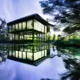 Beautiful futuristic architectural glass house in the forest on a large lake, 8k, Award-Winning, Highly Detailed, Beautiful, Epic, Octane Render, Unreal Engine, Radiant, Volumetric Lighting by Harry Clarke