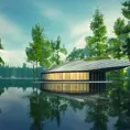 Beautiful futuristic architectural glass house in the forest on a large lake, 8k, Award-Winning, Highly Detailed, Beautiful, Epic, Octane Render, Unreal Engine, Radiant, Volumetric Lighting by Eugene Grasset