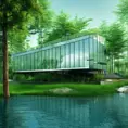 Beautiful futuristic architectural glass house in the forest on a large lake, 8k, Award-Winning, Highly Detailed, Beautiful, Epic, Octane Render, Unreal Engine, Radiant, Volumetric Lighting by Eugene Grasset