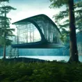 Beautiful futuristic architectural glass house in the forest on a large lake, 8k, Award-Winning, Highly Detailed, Beautiful, Epic, Octane Render, Unreal Engine, Radiant, Volumetric Lighting by Ronald Balfour