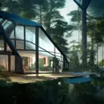 Beautiful futuristic architectural glass house in the forest on a large lake, 8k, Award-Winning, Highly Detailed, Beautiful, Epic, Octane Render, Unreal Engine, Radiant, Volumetric Lighting by Tamara de Lempicka