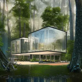 Beautiful futuristic architectural glass house in the forest on a large lake, 8k, Award-Winning, Highly Detailed, Beautiful, Epic, Octane Render, Unreal Engine, Radiant, Volumetric Lighting by Tamara de Lempicka