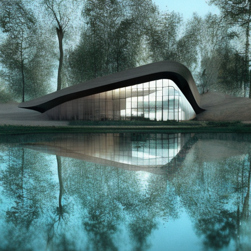 Beautiful futuristic architectural glass house in the forest on a large lake, 8k, Award-Winning, Highly Detailed, Beautiful, Epic, Octane Render, Unreal Engine, Radiant, Volumetric Lighting by Alberto Burri