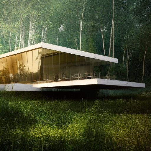 Beautiful futuristic architectural glass house in the forest on a large lake, 8k, Award-Winning, Highly Detailed, Beautiful, Epic, Octane Render, Unreal Engine, Radiant, Volumetric Lighting by Steven Holl