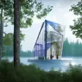 Beautiful futuristic architectural glass house in the forest on a large lake, 8k, Award-Winning, Highly Detailed, Beautiful, Epic, Octane Render, Unreal Engine, Radiant, Volumetric Lighting by Steven Holl