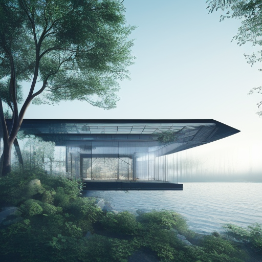 Beautiful futuristic architectural glass house in the forest on a large lake, 8k, Award-Winning, Highly Detailed, Beautiful, Epic, Octane Render, Unreal Engine, Radiant, Volumetric Lighting by Sou Fujimoto