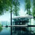 Beautiful futuristic architectural glass house in the forest on a large lake, 8k, Award-Winning, Highly Detailed, Beautiful, Epic, Octane Render, Unreal Engine, Radiant, Volumetric Lighting by Sou Fujimoto