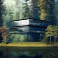Beautiful futuristic architectural glass house in the forest on a large lake, 8k, Award-Winning, Highly Detailed, Beautiful, Epic, Octane Render, Unreal Engine, Radiant, Volumetric Lighting by Goro Fujita