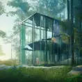 Beautiful futuristic architectural glass house in the forest on a large lake, 8k, Award-Winning, Highly Detailed, Beautiful, Epic, Octane Render, Unreal Engine, Radiant, Volumetric Lighting by Goro Fujita