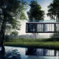 Beautiful futuristic architectural glass house in the forest on a large lake, 8k, Award-Winning, Highly Detailed, Beautiful, Epic, Octane Render, Unreal Engine, Radiant, Volumetric Lighting by Bjarke Ingels