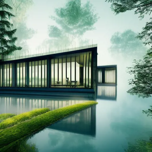 Beautiful futuristic architectural glass house in the forest on a large lake, 8k, Award-Winning, Highly Detailed, Beautiful, Epic, Octane Render, Unreal Engine, Radiant, Volumetric Lighting by Tokujin Yoshioka