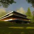 Beautiful futuristic architectural glass house in the forest on a large lake, 8k, Award-Winning, Highly Detailed, Beautiful, Epic, Octane Render, Unreal Engine, Radiant, Volumetric Lighting by Frank Lloyd Wright