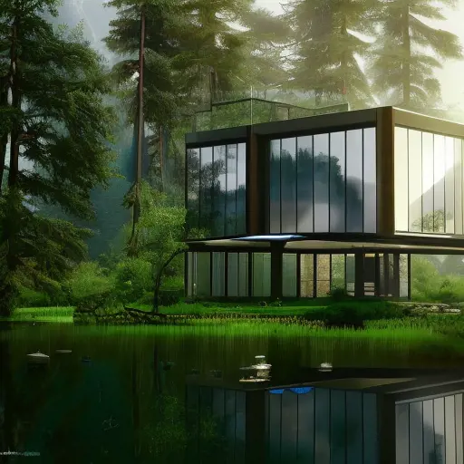 Beautiful futuristic architectural glass house in the forest on a large lake, 8k, Award-Winning, Highly Detailed, Beautiful, Epic, Octane Render, Unreal Engine, Radiant, Volumetric Lighting by Hubert Robert