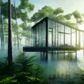 Beautiful futuristic architectural glass house in the forest on a large lake, 8k, Award-Winning, Highly Detailed, Beautiful, Epic, Octane Render, Unreal Engine, Radiant, Volumetric Lighting by Hubert Robert