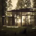 Beautiful futuristic architectural glass house in the forest on a large lake, 8k, Award-Winning, Highly Detailed, Beautiful, Epic, Octane Render, Unreal Engine, Radiant, Volumetric Lighting by Karen Knorr