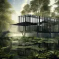 Beautiful futuristic architectural glass house in the forest on a large lake, 8k, Award-Winning, Highly Detailed, Beautiful, Epic, Octane Render, Unreal Engine, Radiant, Volumetric Lighting by Karen Knorr