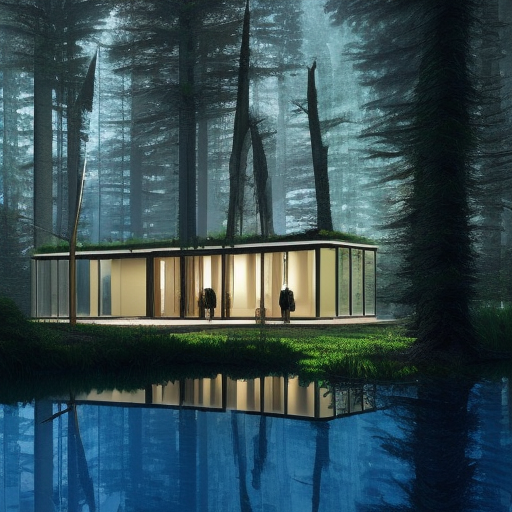 Beautiful futuristic architectural glass house in the forest on a large lake, 8k, Award-Winning, Highly Detailed, Beautiful, Epic, Octane Render, Unreal Engine, Radiant, Volumetric Lighting by Ferdinand Knab
