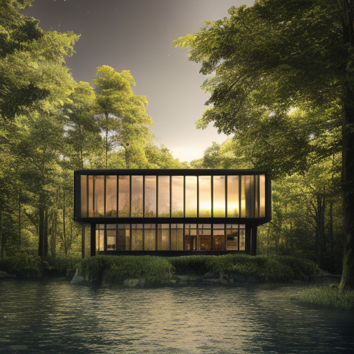Beautiful futuristic architectural glass house in the forest on a large lake, 8k, Award-Winning, Highly Detailed, Beautiful, Epic, Octane Render, Unreal Engine, Radiant, Volumetric Lighting by Matthias Jung