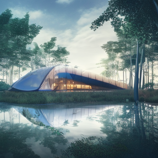 Beautiful futuristic architectural glass house in the forest on a large lake, 8k, Award-Winning, Highly Detailed, Beautiful, Epic, Octane Render, Unreal Engine, Radiant, Volumetric Lighting by Toyo Ito