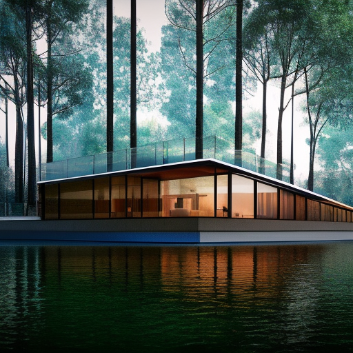 Beautiful futuristic architectural glass house in the forest on a large lake, 8k, Award-Winning, Highly Detailed, Beautiful, Epic, Octane Render, Unreal Engine, Radiant, Volumetric Lighting by Michael Eastman