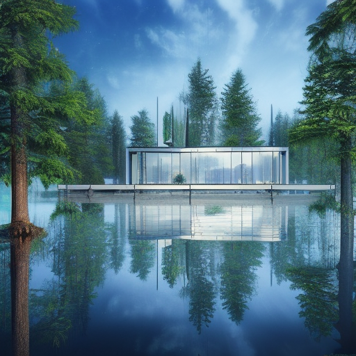 Beautiful futuristic architectural glass house in the forest on a large lake, 8k, Award-Winning, Highly Detailed, Beautiful, Epic, Octane Render, Unreal Engine, Radiant, Volumetric Lighting by Leonid Afremov