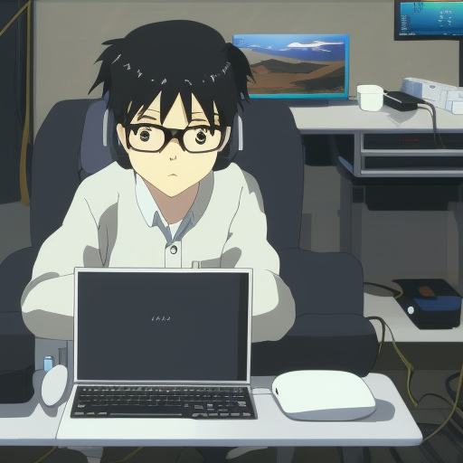 a nerdy boy is programming at a computer in a room full of gadgets, Highly Detailed by Makoto Shinkai, Studio Ghibli