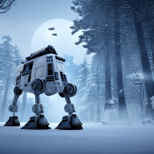Star Wars at-st walker, snowy landscape, futuristic details, cinematic style, Highly Detailed, Bokeh effect, Unreal Engine, Digital Art