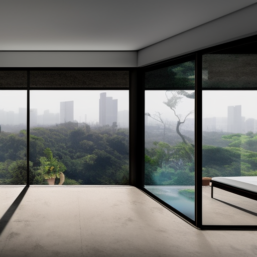 Contemporary style architecture, volumetric and minimal, panoramic windows, use concrete and dark metal, add trees, mansion, 18mm editorial photo from Dwell, Midcentury modern house, on a cliff overlooking Mumbai, evening sun, brilliant architecture, beautiful, exclusive, expensive, minimal lines, breathtaking, 8K, architecture photography, D 5 render, 8k, Beautiful