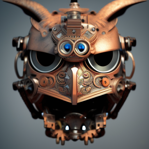 steampunk tribal mask, robot, owl, oni, japanese pottery, vivid colors, wood, metal, intricate details, trending on cgsociety, glowing eyes, cinematic atmosphere, global illumination, shadows, Intricate Details, Cgsociety, Sharp Focus, Octane Render, Metallic, Concept Art