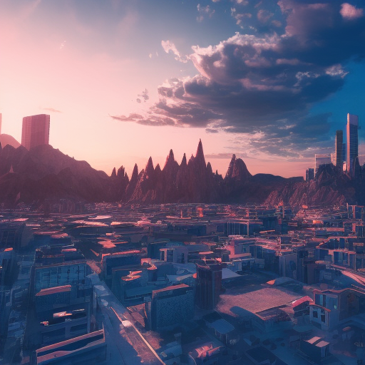 a city in surrounded by blueish mountains at the sunset, 8k, Symmetry, Photo Realistic, Octane Render, Wide-angle lens, Volumetric Lighting
