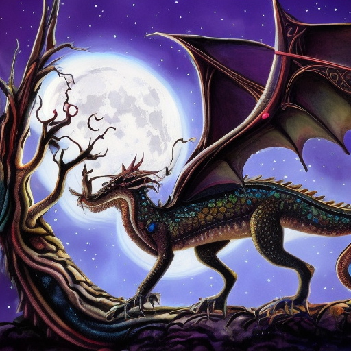 whimsical super-detailed surreal dragon with intricate mystical magical forest graveyard scene with large twisted haunted trees background with full moon above and a starry sky muted colors, Hyper Detailed, Intricate, Fantasy by Tim Burton