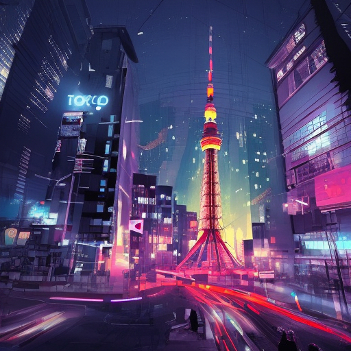 Apocalyptic tokyo, tokyo tower, night, raylights, best art composition, 4k, Artstation, Cinematic Lighting