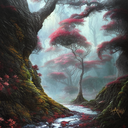 Forest, medium trees, bushes, mountains, Highly Detailed, Intricate, Color Splash, Ink Art, Fantasy, Dark by Stanley Artgerm Lau