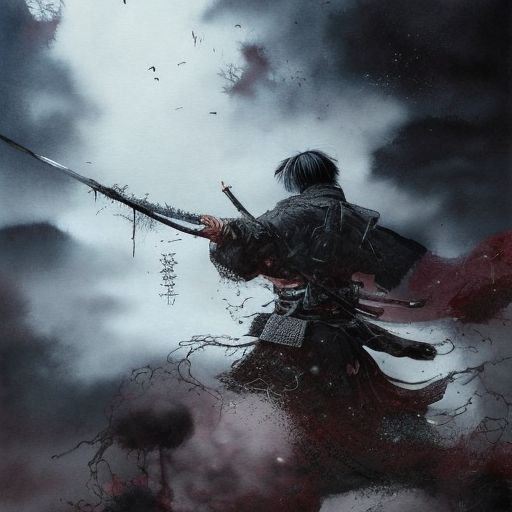 Ghost of Tsushima, Highly Detailed, Intricate, Color Splash, Ink Art, Fantasy, Dark by Stanley Artgerm Lau