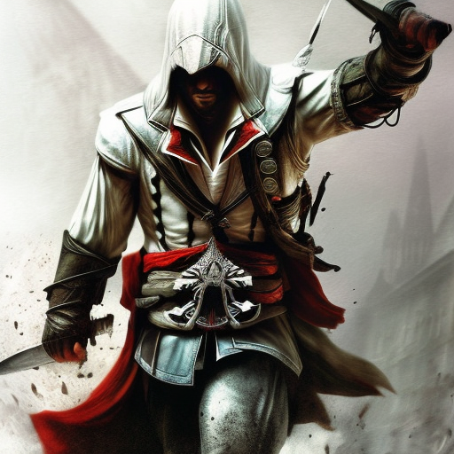 Assassin's Creed emerging from the fog of battle, Highly Detailed, Color Splash, Ink Art, Fantasy, Dark by Stanley Artgerm Lau
