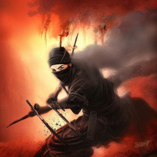 Ninja emerging from the fog of battle, Highly Detailed, Color Splash, Ink Art, Fantasy, Dark by Stanley Artgerm Lau