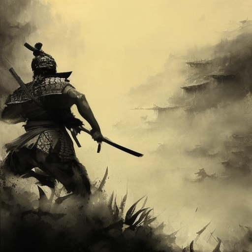 Samurai emerging from the fog of battle, Highly Detailed, Color Splash, Ink Art, Fantasy, Dark by Stanley Artgerm Lau