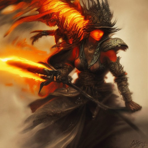 Fire Mage emerging from the fog of battle, Highly Detailed, Color Splash, Ink Art, Fantasy, Dark by Stanley Artgerm Lau