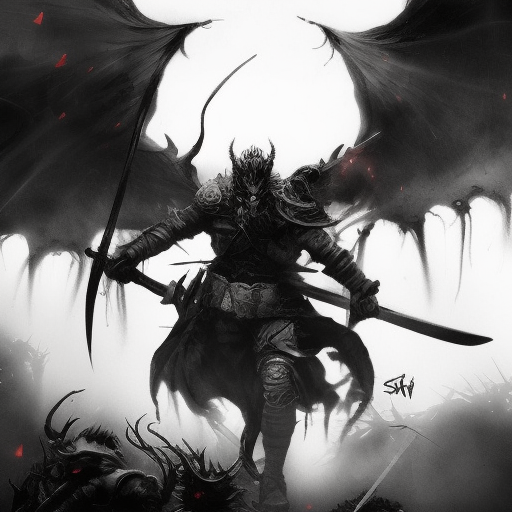 Demon slayer emerging from the fog of battle, Highly Detailed, Color Splash, Ink Art, Fantasy, Dark by Stanley Artgerm Lau