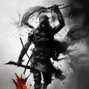 Warrior emerging from the fog of battle, Highly Detailed, Color Splash, Ink Art, Fantasy, Dark by Stanley Artgerm Lau